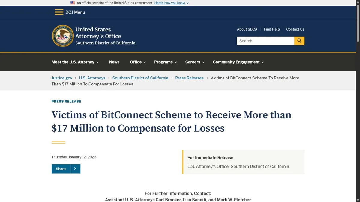 Сообщение прокуратуры США о выплате более 17 миллионов долларов жертвам BitConnect